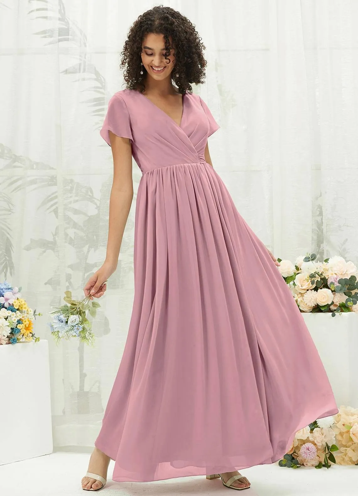 Vintage Mauve Chiffon Short Sleeve V-Neck Wrap Pleated  Bridesmaid Dress