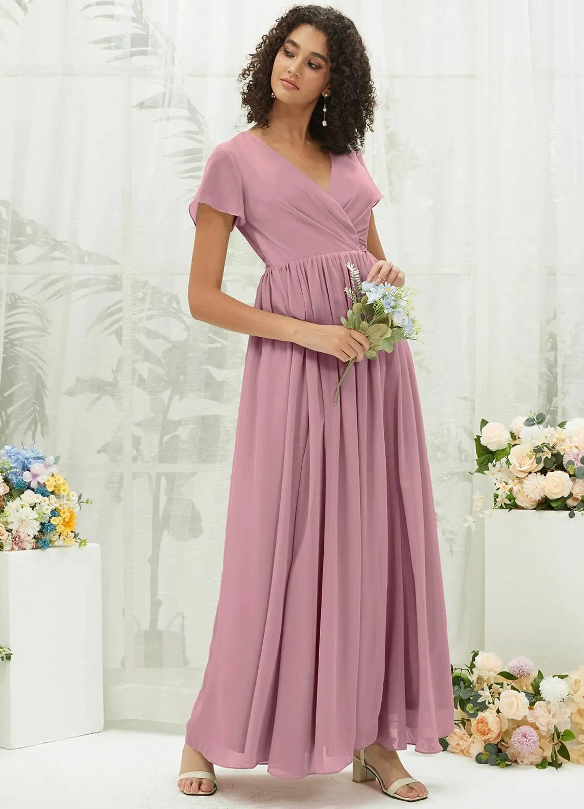 Vintage Mauve Chiffon Short Sleeve V-Neck Wrap Pleated  Bridesmaid Dress