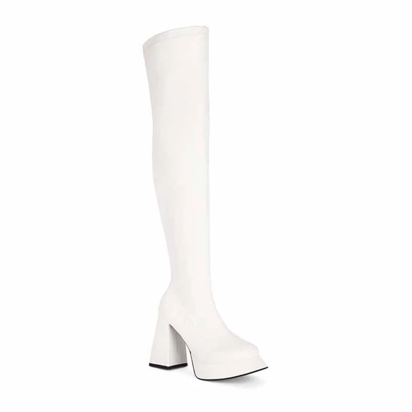 Women Chunky Heel Square Toe Boots Platform Over Knee Boots