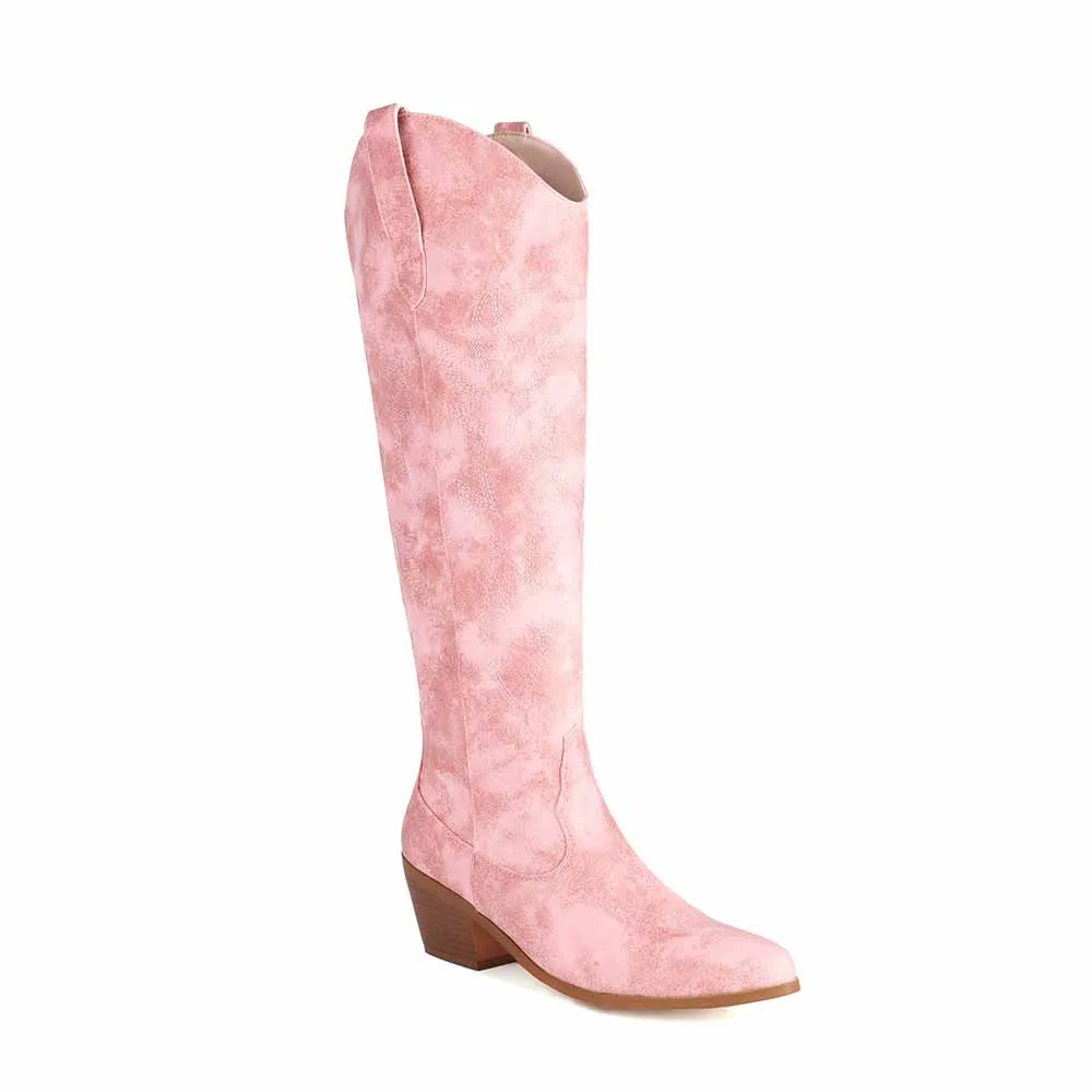Women Cowboy Boot Faux Leather Embroidered Knee High Cowgirl Western Boots