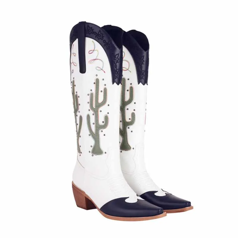 Women Cowboy Boots Block Heel Knee High Boots Retro Floral Bootie