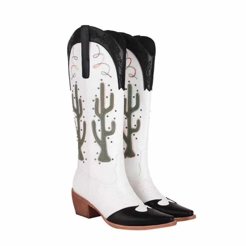 Women Cowboy Boots Block Heel Knee High Boots Retro Floral Bootie