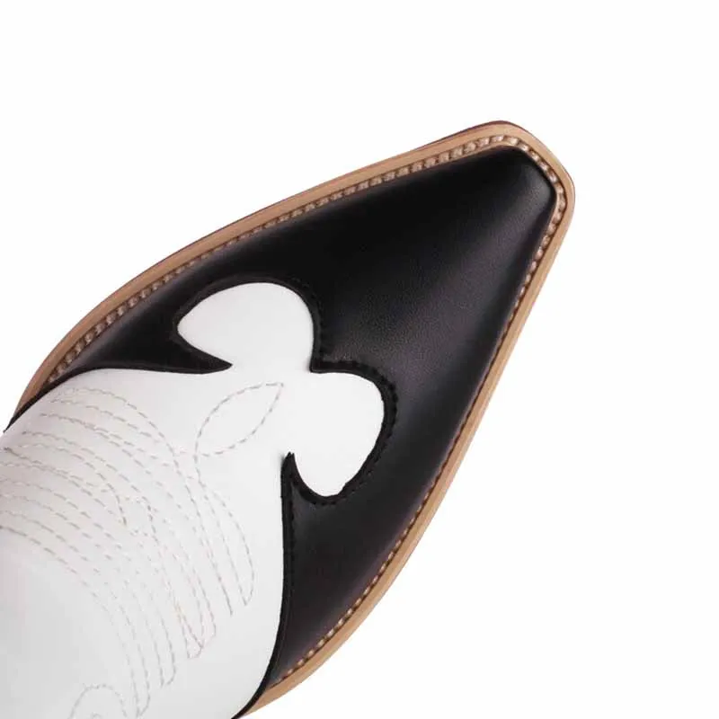 Women Cowboy Boots Block Heel Knee High Boots Retro Floral Bootie