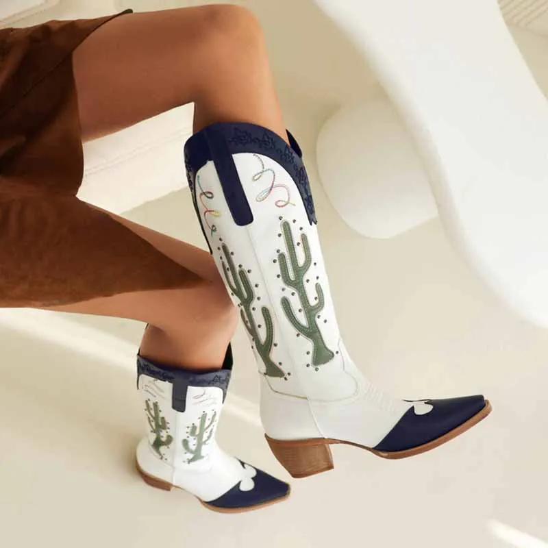 Women Cowboy Boots Block Heel Knee High Boots Retro Floral Bootie