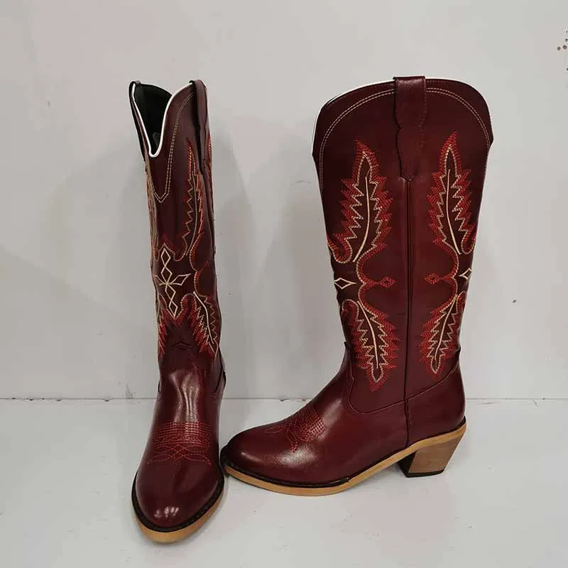 Women Knee High Western Boots Vintage Embroidered Cowboy Boots Wide Calf Cowgirl Boots