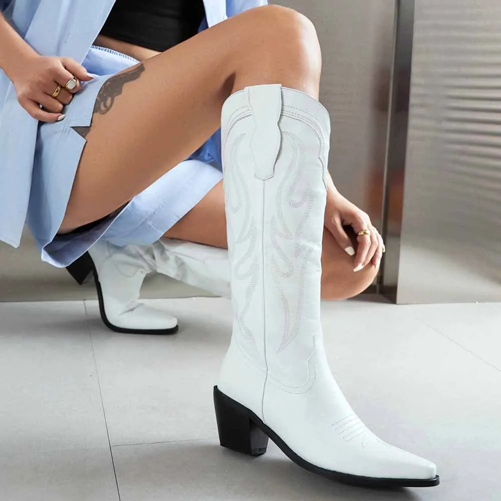 Women Knee High Western Boots with Classic Embroidery and Side Zipper