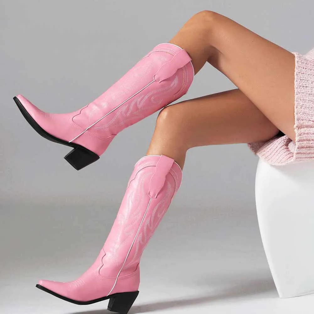 Women Knee High Western Boots with Classic Embroidery and Side Zipper
