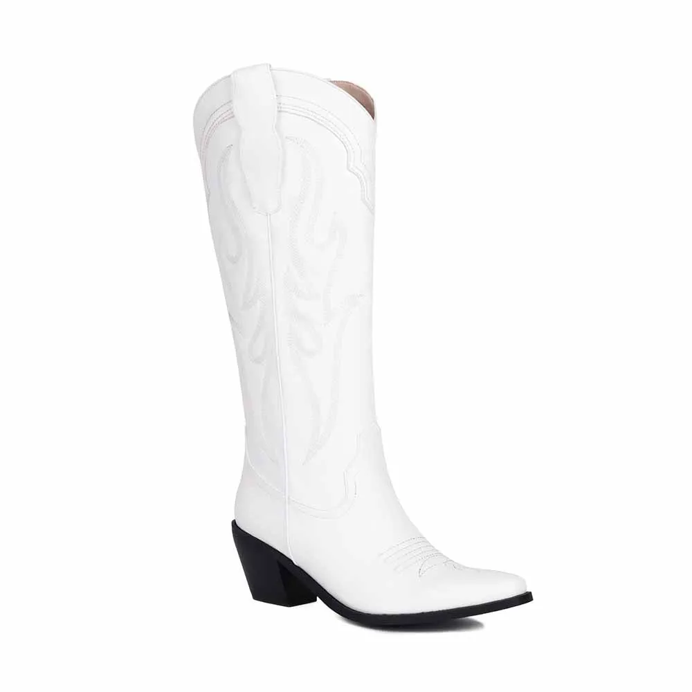 Women Knee High Western Boots with Classic Embroidery and Side Zipper