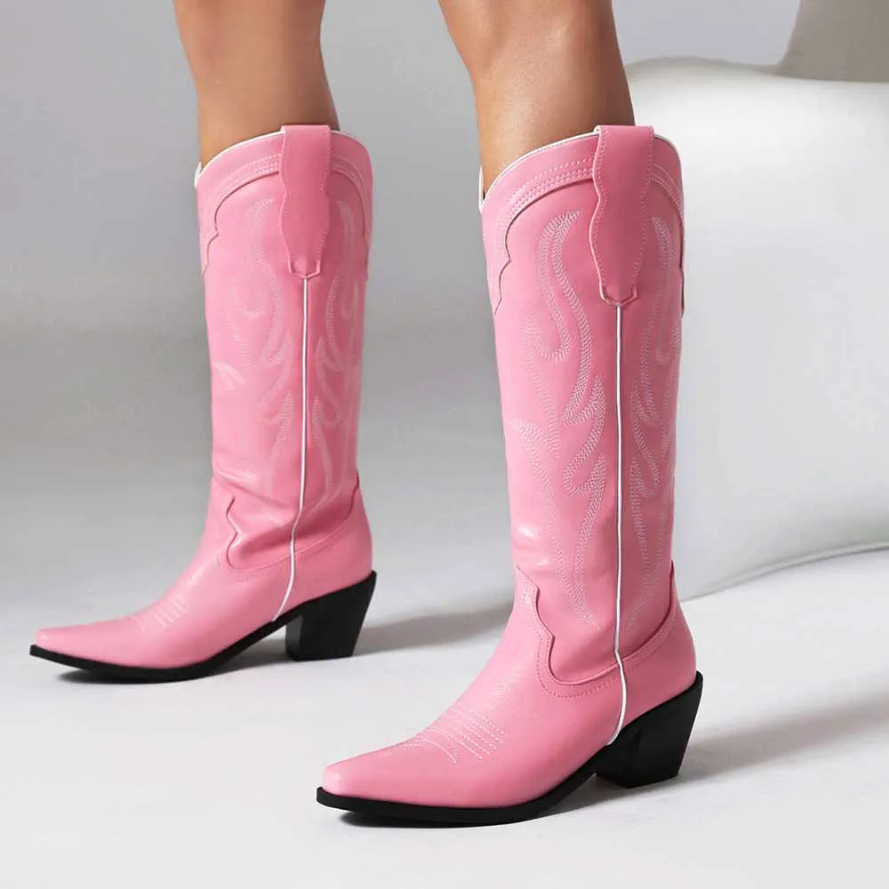 Women Knee High Western Boots with Classic Embroidery and Side Zipper