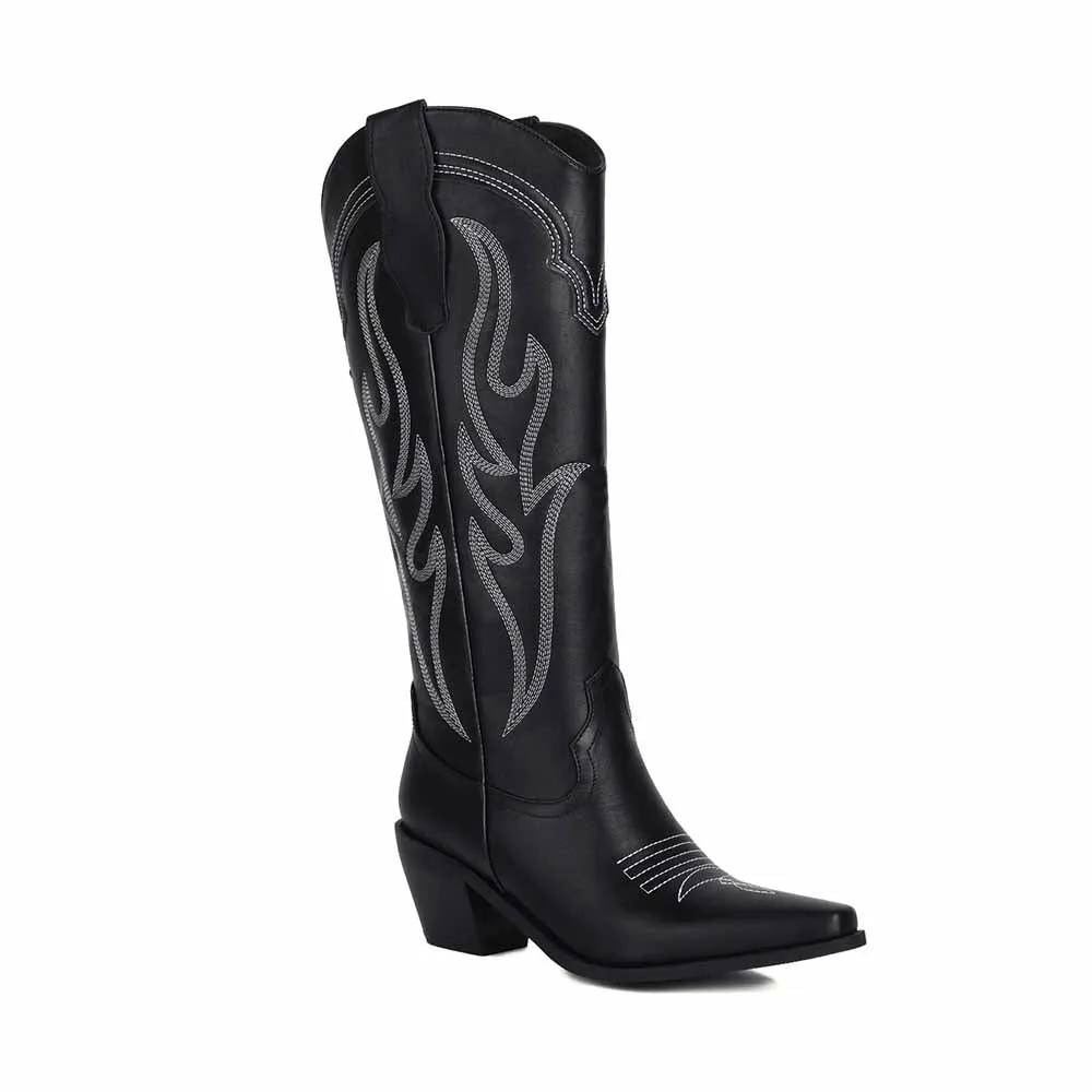 Women Knee High Western Boots with Classic Embroidery and Side Zipper