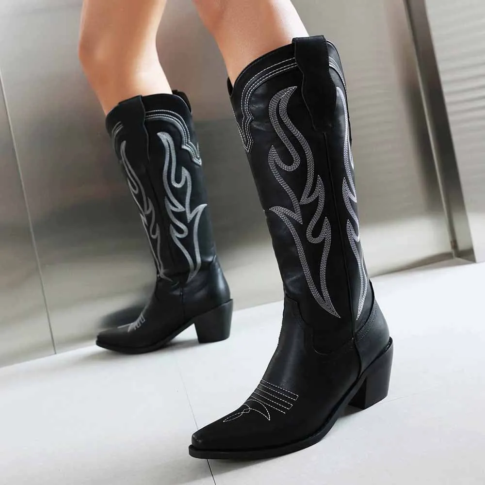 Women Knee High Western Boots with Classic Embroidery and Side Zipper