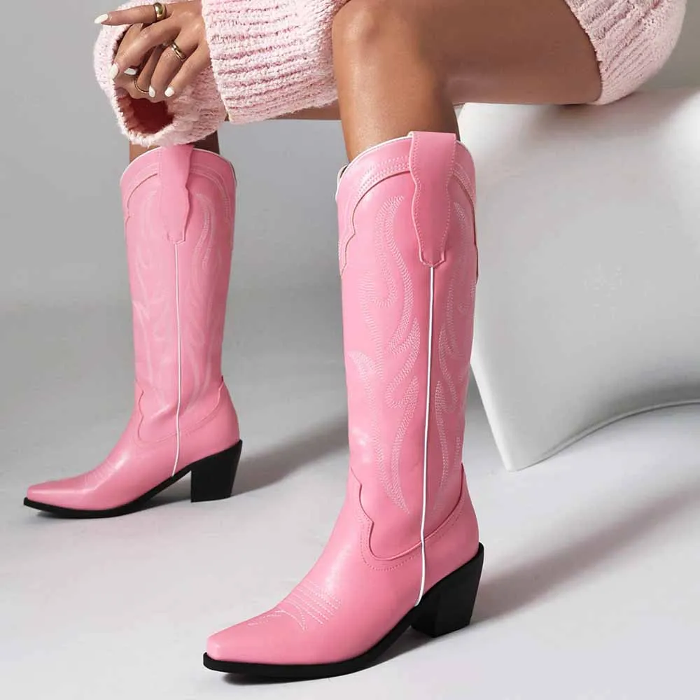 Women Knee High Western Boots with Classic Embroidery and Side Zipper