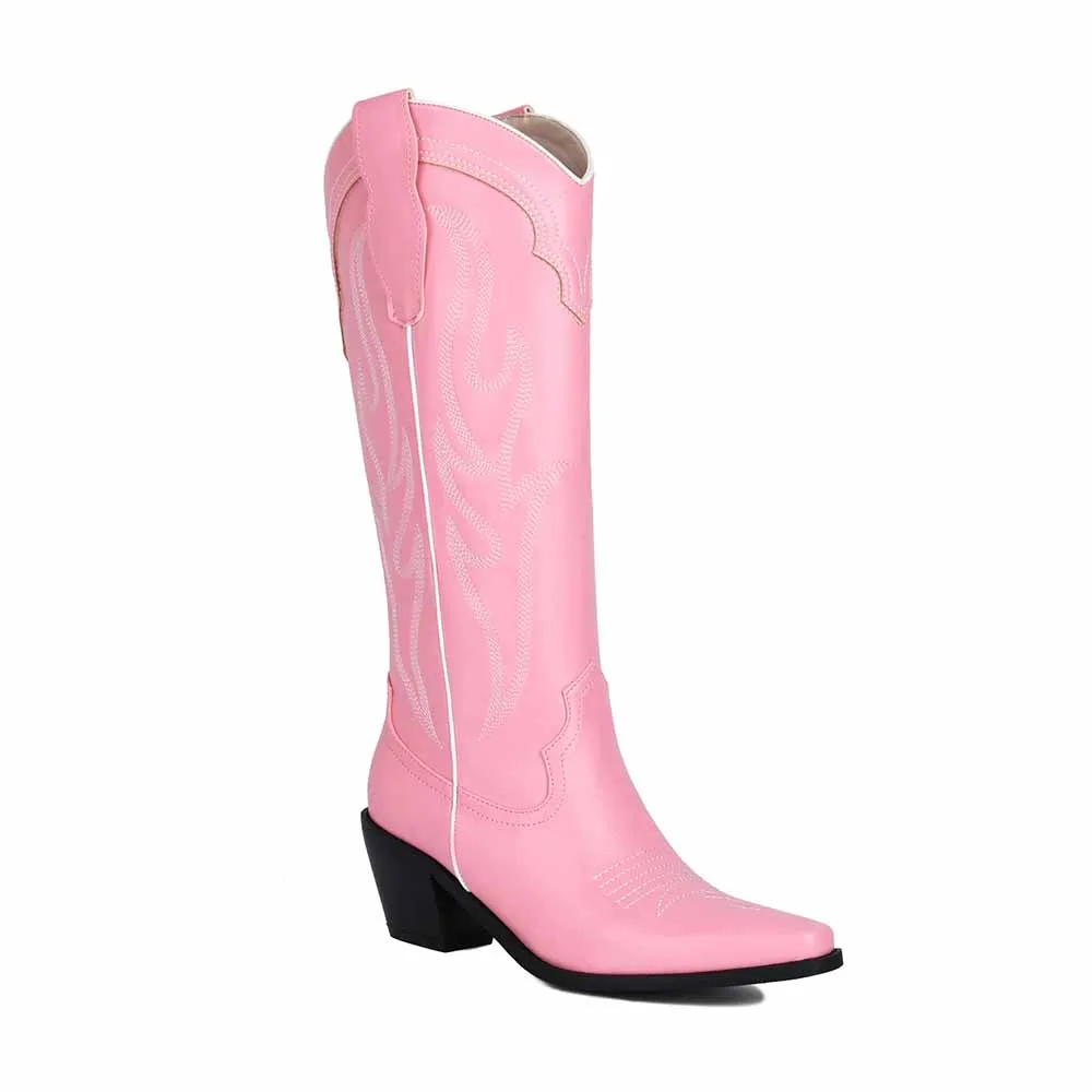 Women Knee High Western Boots with Classic Embroidery and Side Zipper