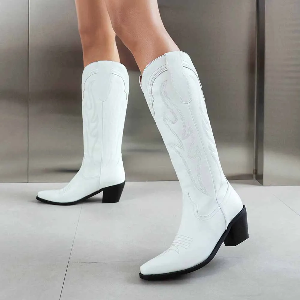 Women Knee High Western Boots with Classic Embroidery and Side Zipper
