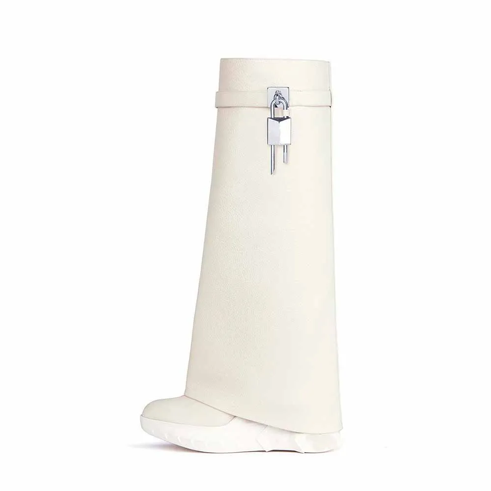 Women Padlock Knee High Boots Fold Over Platform Wedge Boots