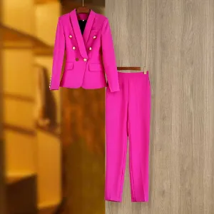 Women Shawl Collar Golden Buttons Blazer   Cropped Pants Trousers Pantsuit Suit Hot Pink