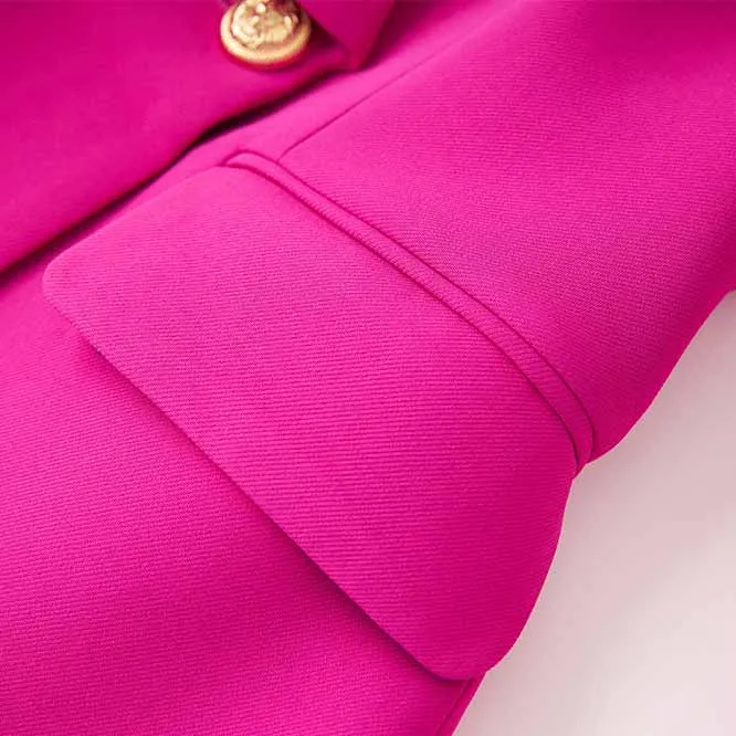 Women Shawl Collar Golden Buttons Blazer   Cropped Pants Trousers Pantsuit Suit Hot Pink
