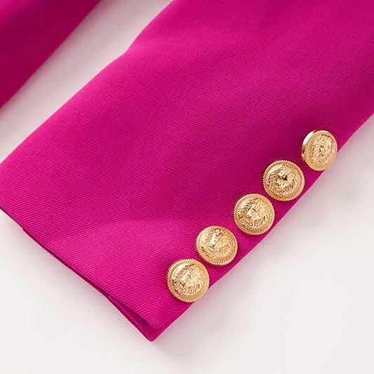 Women Shawl Collar Golden Buttons Blazer   Cropped Pants Trousers Pantsuit Suit Hot Pink