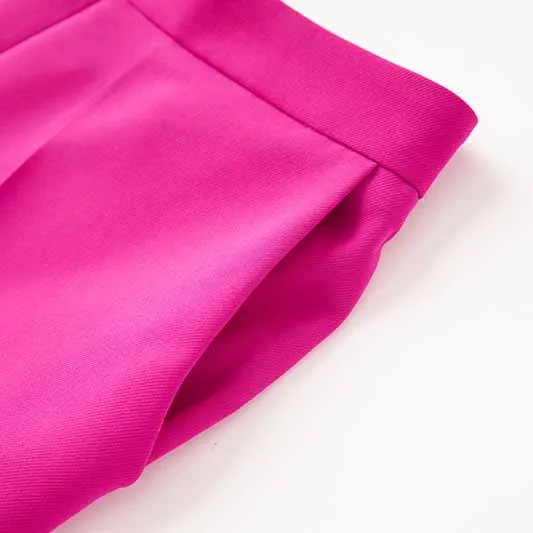 Women Shawl Collar Golden Buttons Blazer   Cropped Pants Trousers Pantsuit Suit Hot Pink