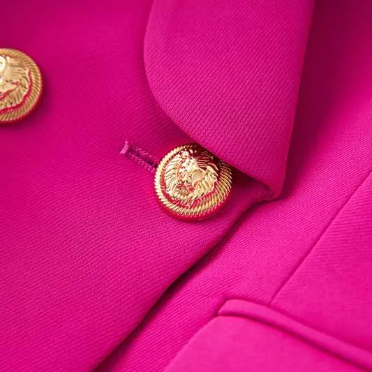 Women Shawl Collar Golden Buttons Blazer   Cropped Pants Trousers Pantsuit Suit Hot Pink