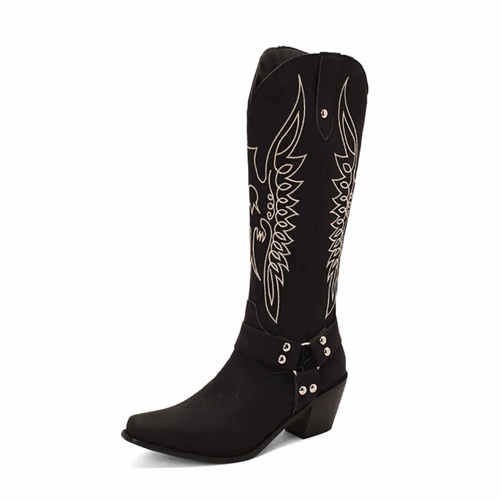 Women Strap Mid Calf Cowgirl Shoes Cowboy Boots