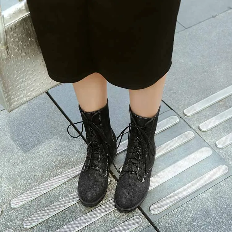 Women's ankle boots lace up denim martin boots low heel bootie