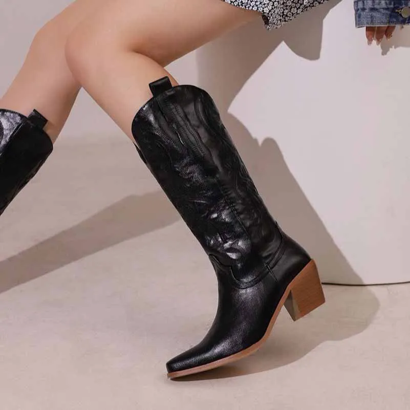 Women's block heel boots knee high embroidered cowgirl boots