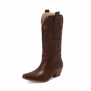 Women's block heel boots knee high embroidered cowgirl boots