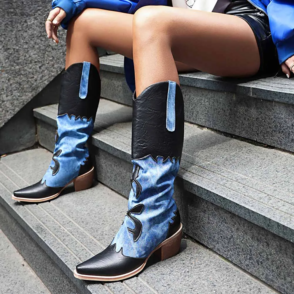 Women's Cowboy Boots Denim Colored Thick High Heel Western Boots