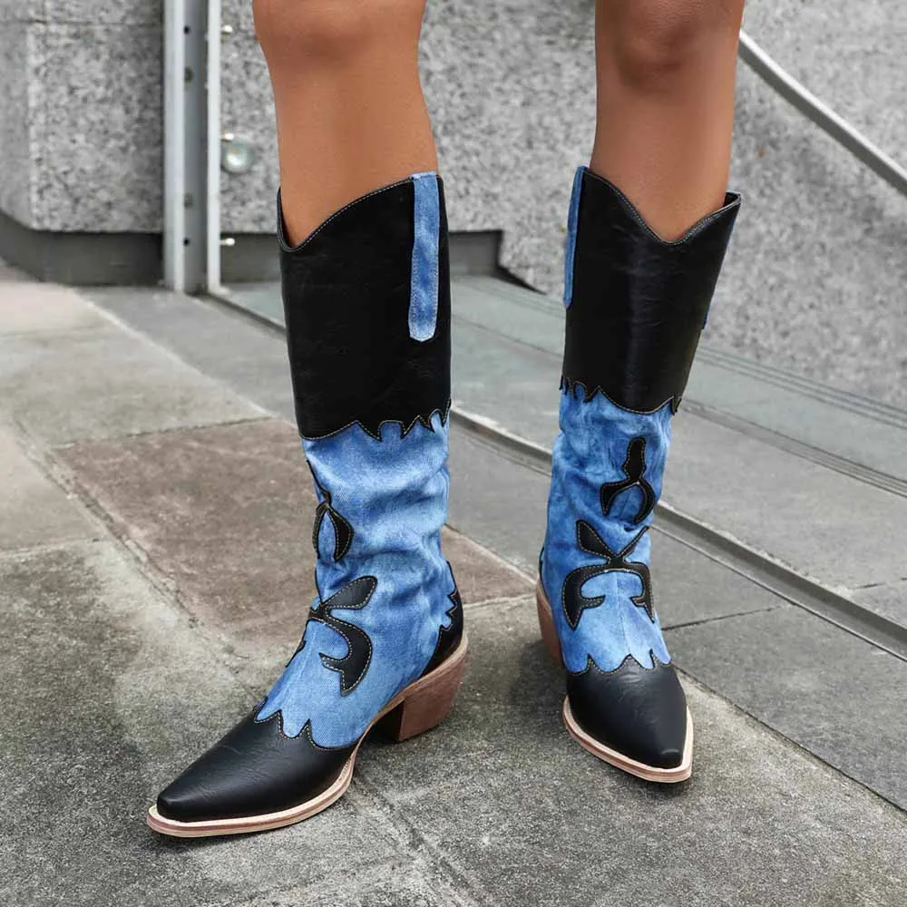 Women's Cowboy Boots Denim Colored Thick High Heel Western Boots