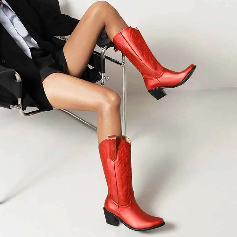 Women's Cowgirl Boots Embroidered Boots Chunky Heels Bridesmaid Dress Boots