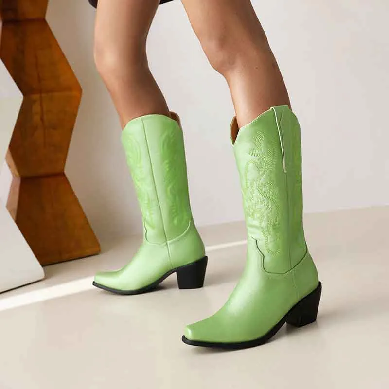 Women's Cowgirl Boots Embroidered Boots Chunky Heels Bridesmaid Dress Boots
