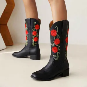 Women's Cowgirl Short Boots Embroidered Boots Chunky Black Boots