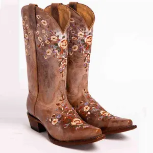 Women's Embroidered Printed Western Cowgirl Boots Mid Calf Chunky Heel Boots