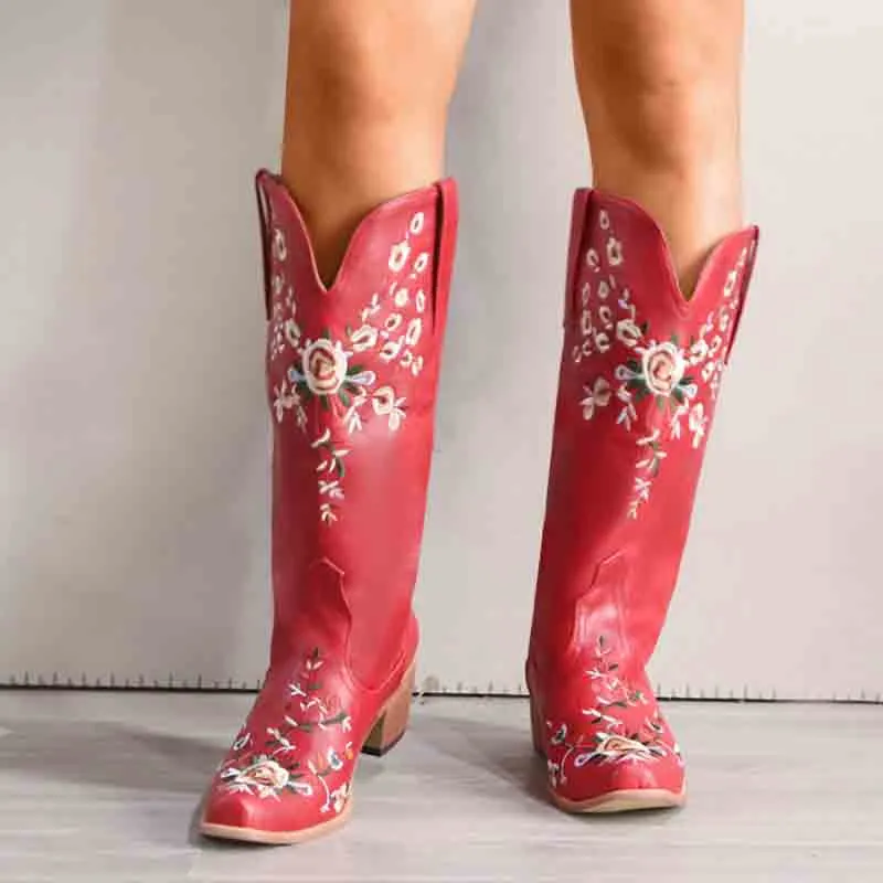 Women's Embroidered Printed Western Cowgirl Boots Mid Calf Chunky Heel Boots