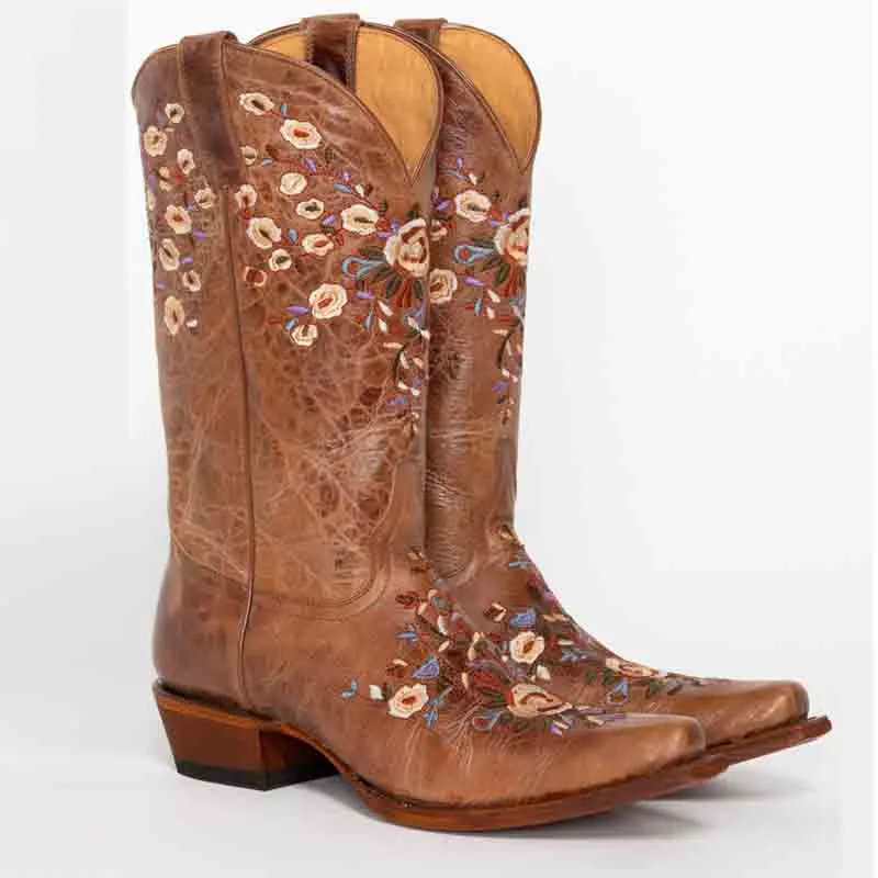 Women's Embroidered Printed Western Cowgirl Boots Mid Calf Chunky Heel Boots
