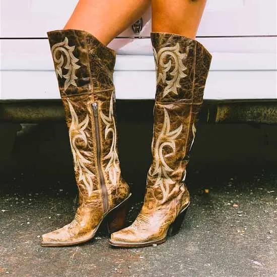 Womens Embroidery Snip Toe Dress Boots Knee High Brown Boot