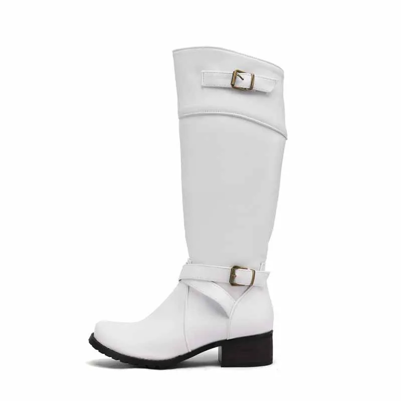 Women's Knee Length Cowgirl Boots Buckled Cowboy boots in white, black,green,khaki color