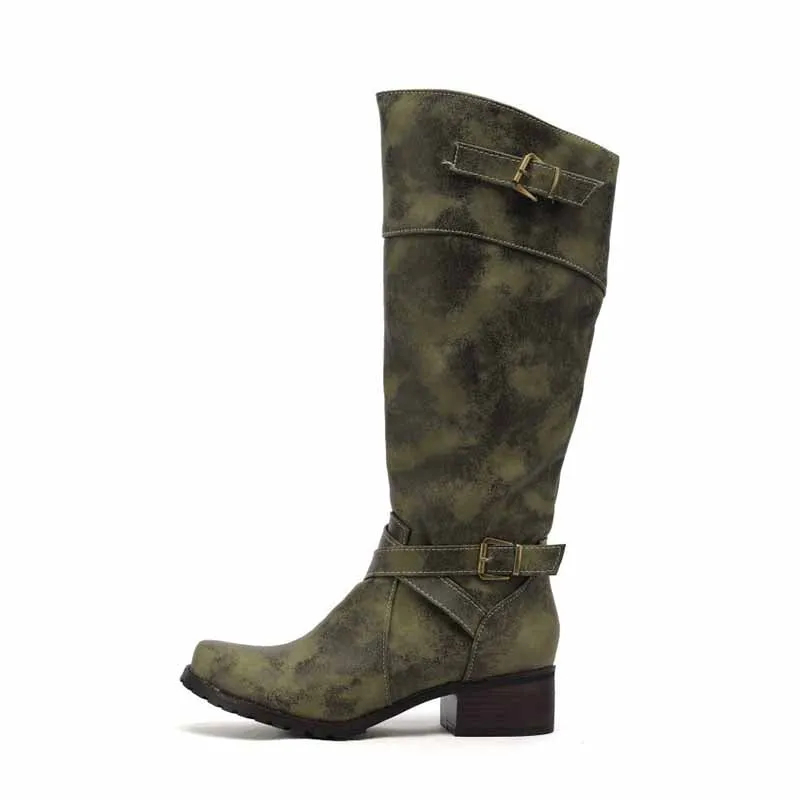 Women's Knee Length Cowgirl Boots Buckled Cowboy boots in white, black,green,khaki color