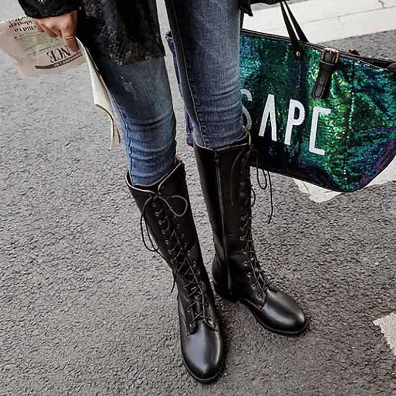 Womens Lace Up Knee High Boots Low Heel Mid Calf Riding Shoes