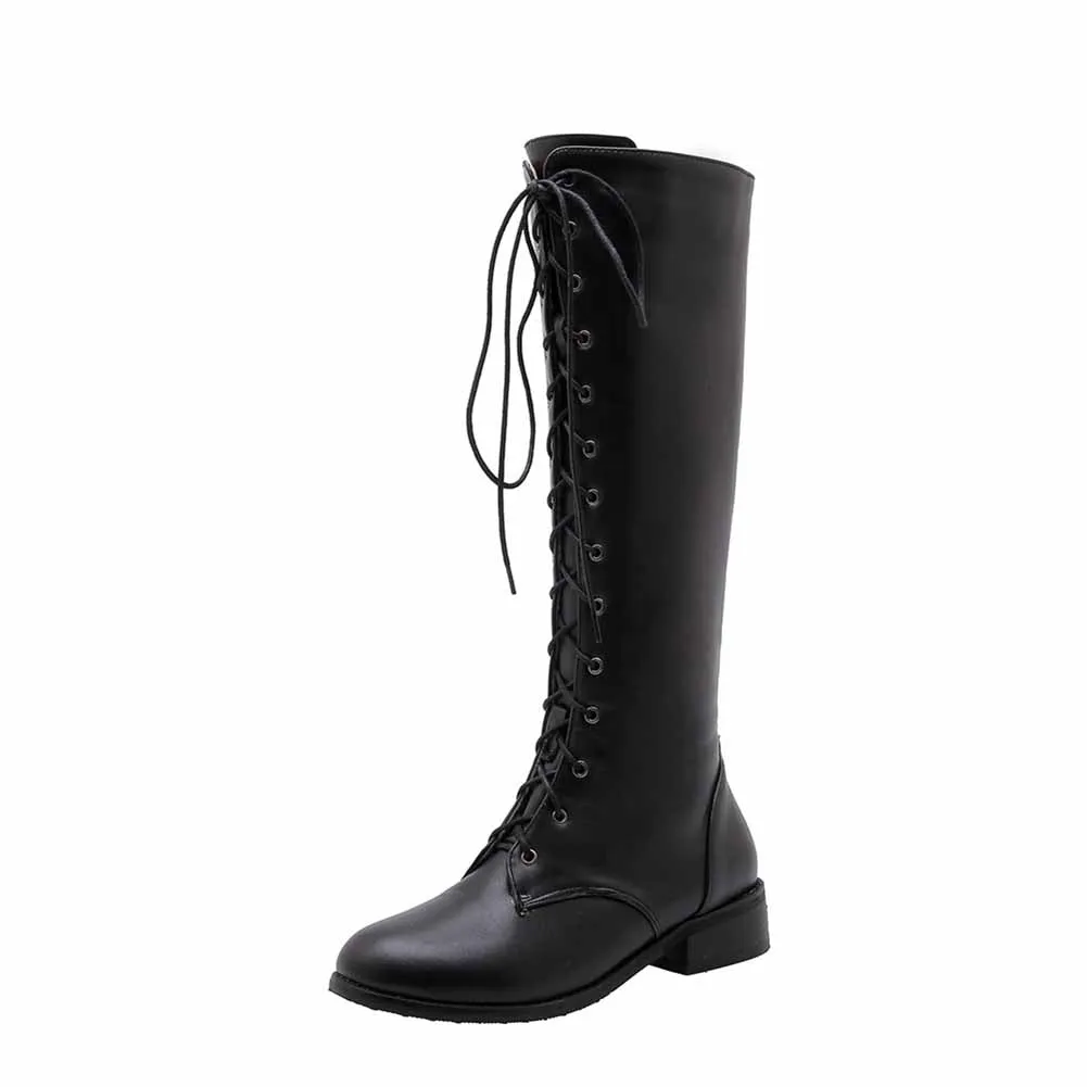 Womens Lace Up Knee High Boots Low Heel Mid Calf Riding Shoes
