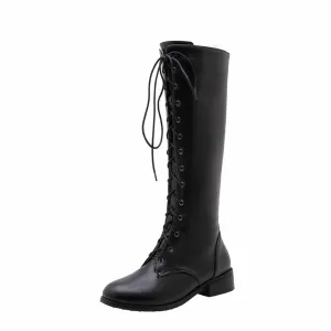 Womens Lace Up Knee High Boots Low Heel Mid Calf Riding Shoes