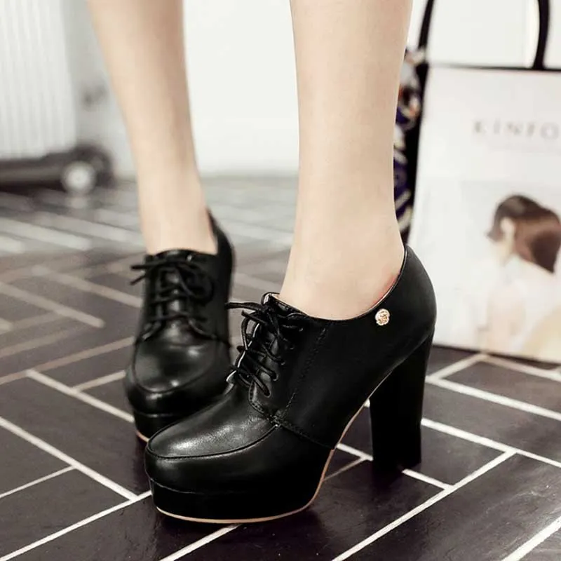 Womens Lace Up Platform Chunky Heel Round Toe Shoes