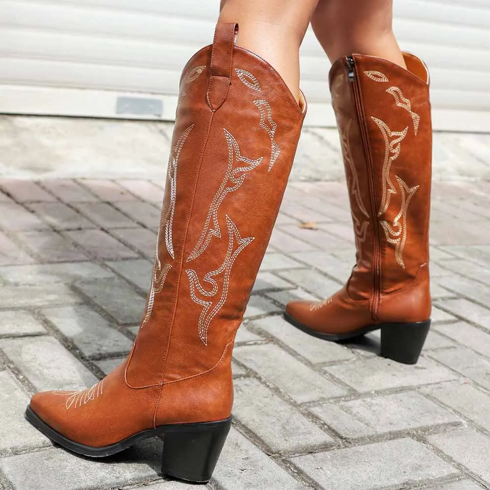 Women's Leather Cowboy Boots - Embroidery Boots for Women, High Quality Knee Length Women's Boots