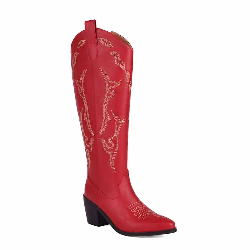 Women's Leather Cowboy Boots - Embroidery Boots for Women, High Quality Knee Length Women's Boots