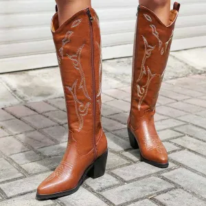 Women's Leather Cowboy Boots - Embroidery Boots for Women, High Quality Knee Length Women's Boots