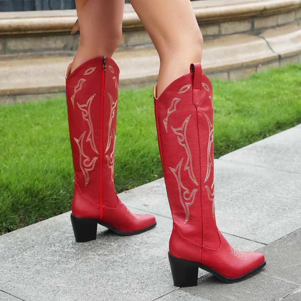 Women's Leather Cowboy Boots - Embroidery Boots for Women, High Quality Knee Length Women's Boots