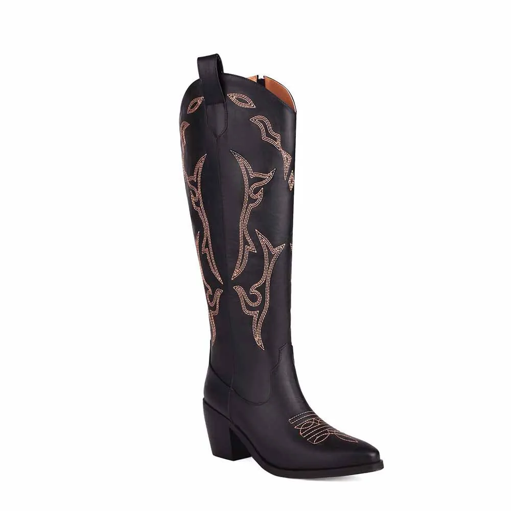 Women's Leather Cowboy Boots - Embroidery Boots for Women, High Quality Knee Length Women's Boots