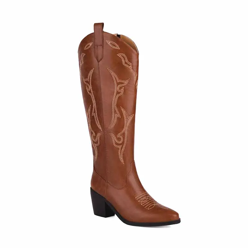 Women's Leather Cowboy Boots - Embroidery Boots for Women, High Quality Knee Length Women's Boots