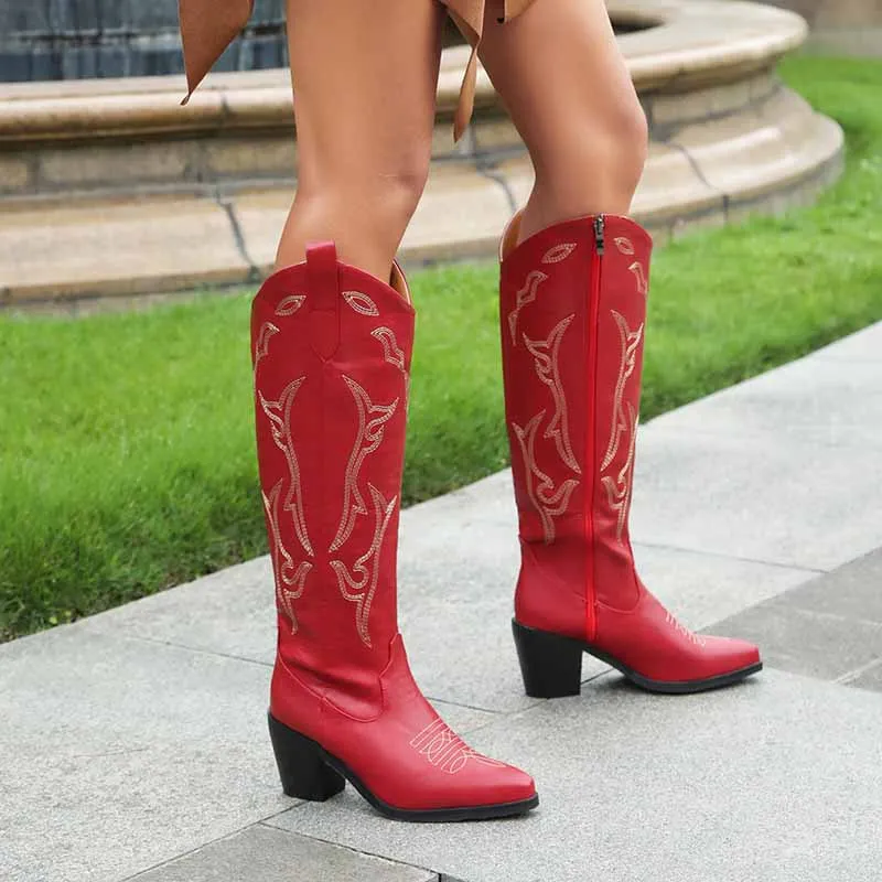 Women's Leather Cowboy Boots - Embroidery Boots for Women, High Quality Knee Length Women's Boots